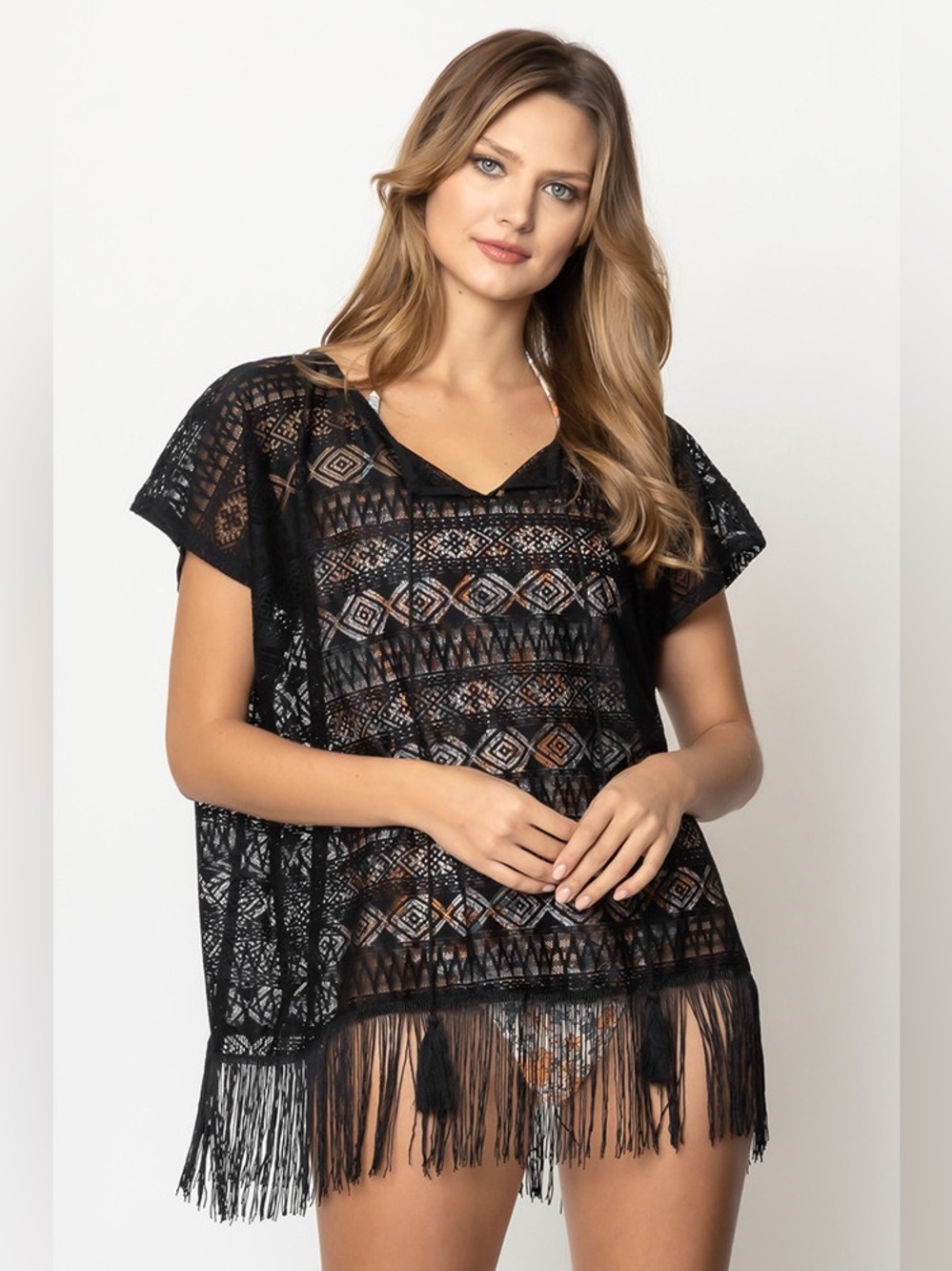 Do Everything In Love Black Geometric‎ Lace Fringe Poncho Swim Cover Up One Size